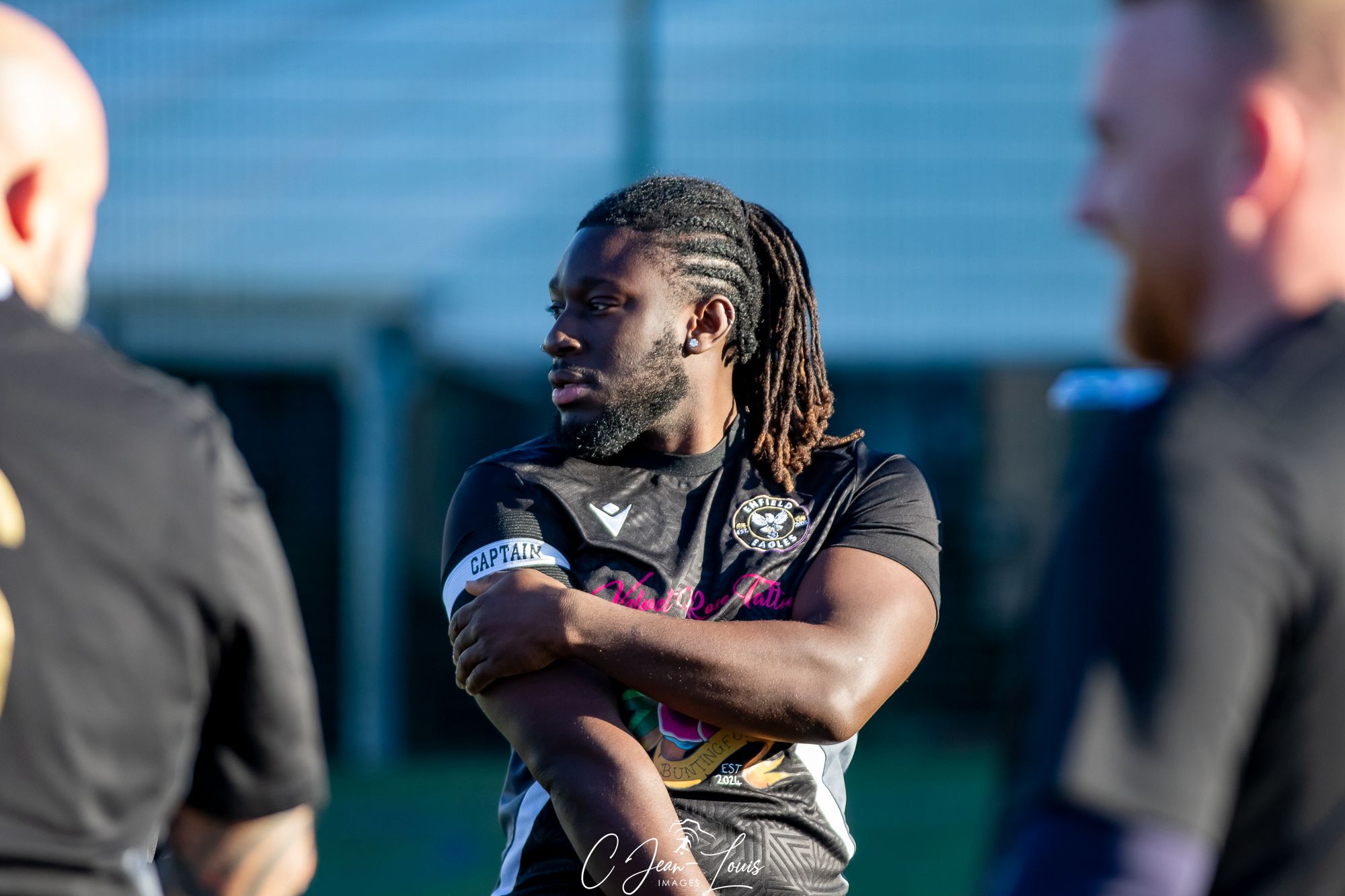 An Enfield Eagles captain in the warm-up huddle